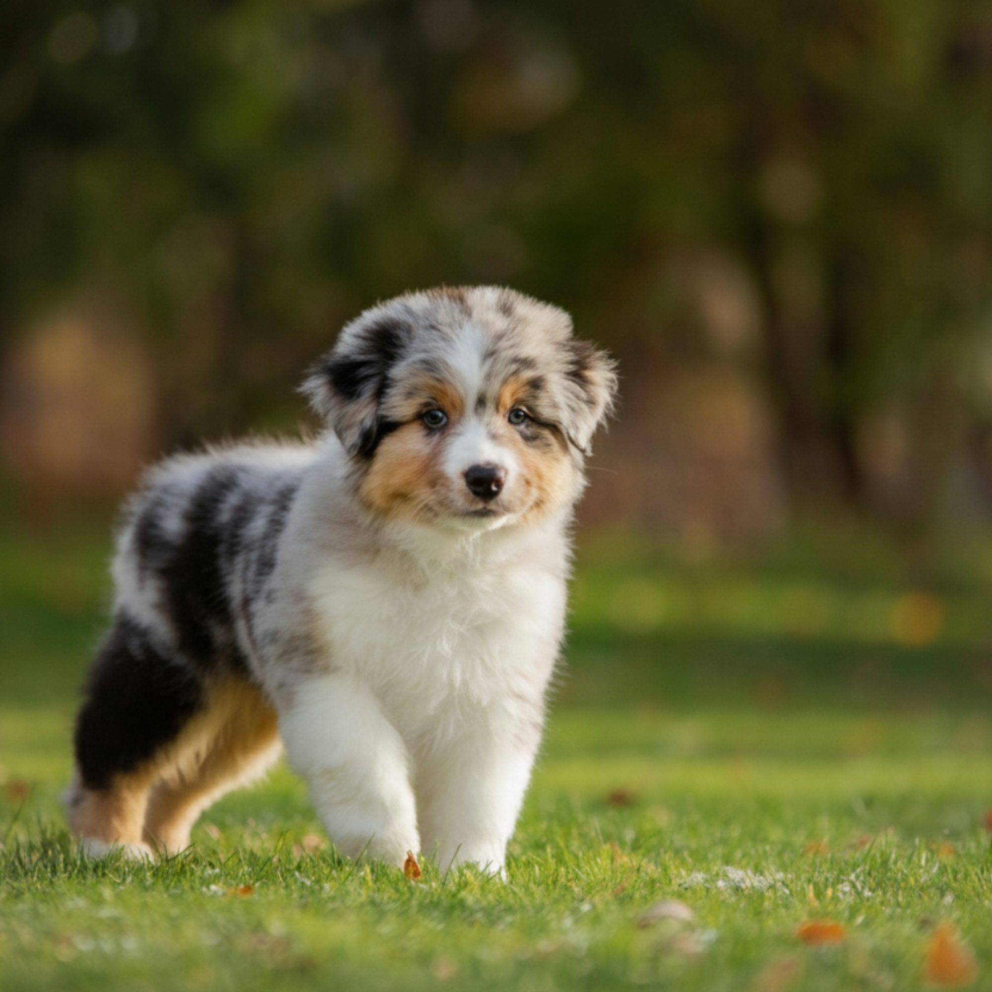 A Blue Merle Australian Shepherd with a white and speckled black coat and distinct copper brown patches around the eyes.